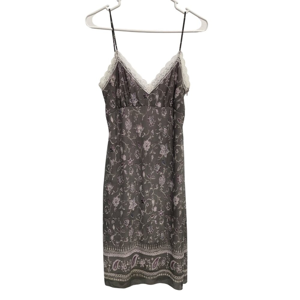 Y2K Heart Moon Star Slip Dress Size Medium Floral Lace Trim Gray Purple Boho